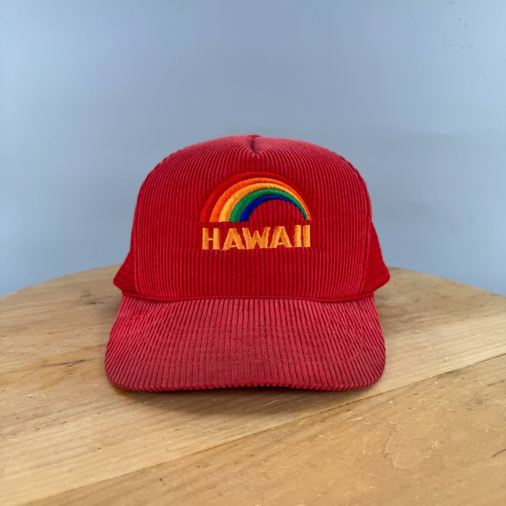 Vintage 1980's Hawaii Rainbow Corduroy Mesh Trucker Snapback Hat Red Hawaiian